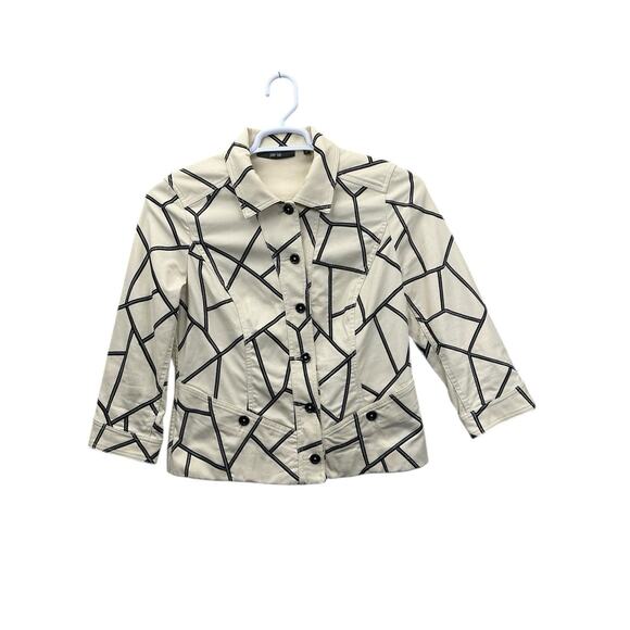 Perse Abstract Print Jacket Ivory Black Button Down 3/4 Sleeve Blazer Size 8 - Picture 1 of 16